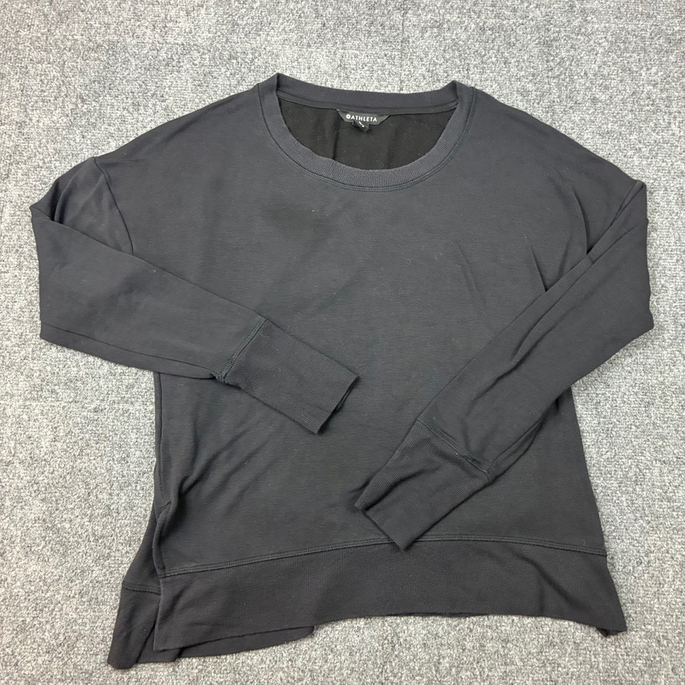 Athleta Womens Black Crew Neck Sweatshirt Size M Fleece Drop Shoulder Pullover